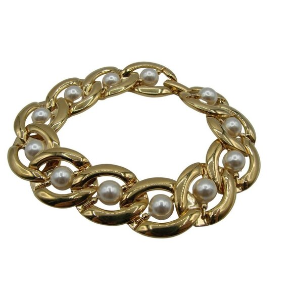 Napier Faux Pearl Chunky Gold Tone Oval Chain Link Fashion Bracelet 7" Vintage - Picture 1 of 9